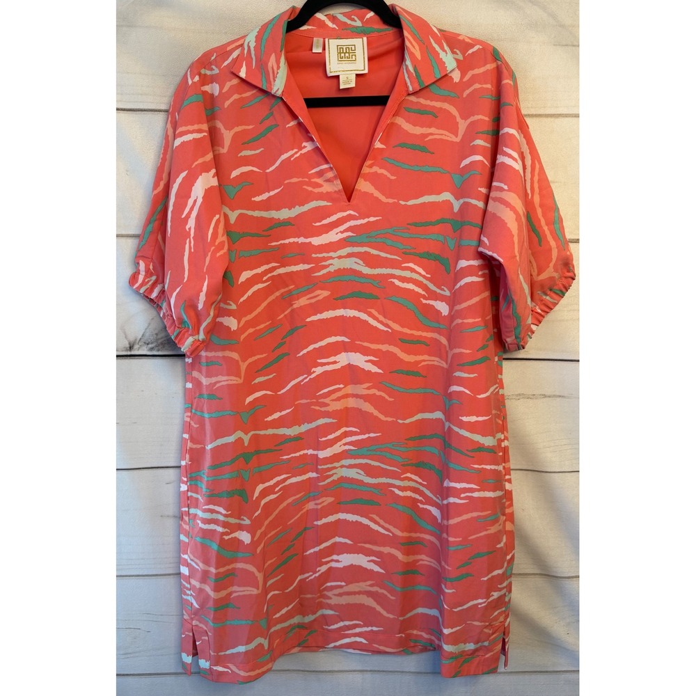 Emily McCarthy Poppy Dress Coral Pink Tiger Animal Print V-Neck Shift Small